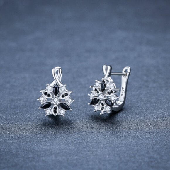 Black & Silver Flower Hoop Earrings - Picture 3 of 5